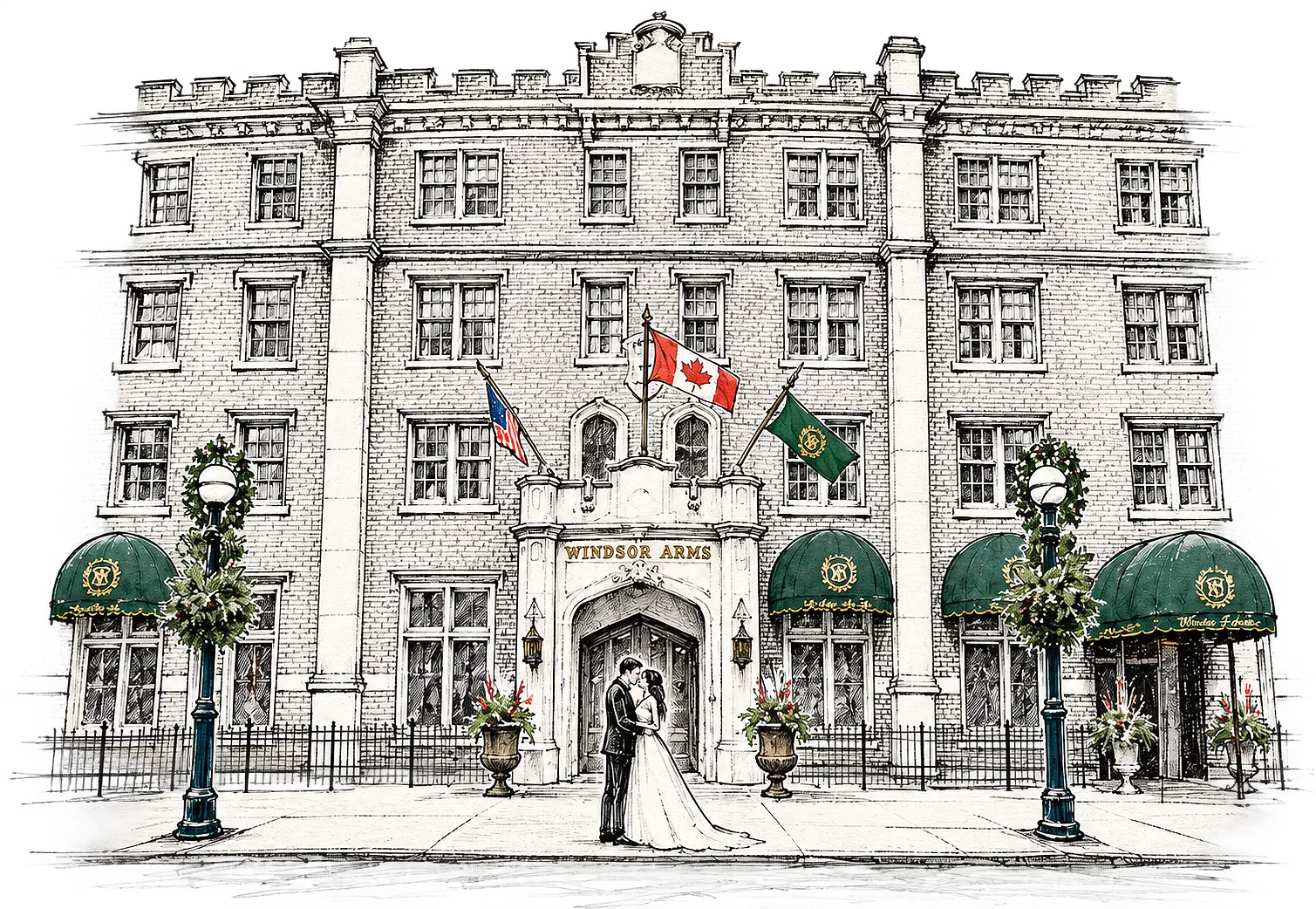 Hand-drawn illustration of the Windsor Arms Hotel with a newlywed couple at its entrance